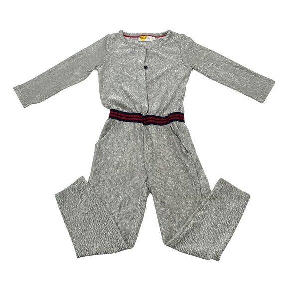 Boden Girls Silver Metallic Long Sleeve Romper With Striped Elastic Waistband